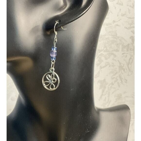 Silver Tone Blue Beaded Flower Drop Dangle Earrings - Picture 3 of 4